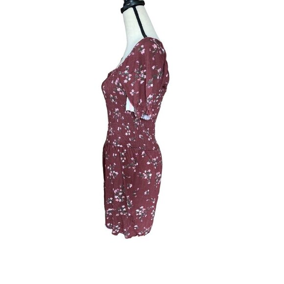 Vintage casual shirred short sleeves floral‎ burgundy romper women size M/L - Picture 6 of 9